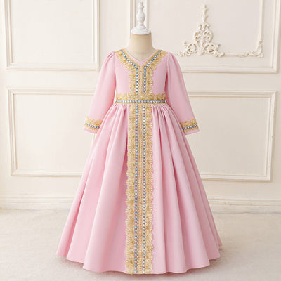 LM215 Girls Eid Dress – Long Sleeve Modest Muslim Party Gown, Embroidered, Full Length (4–7Y)