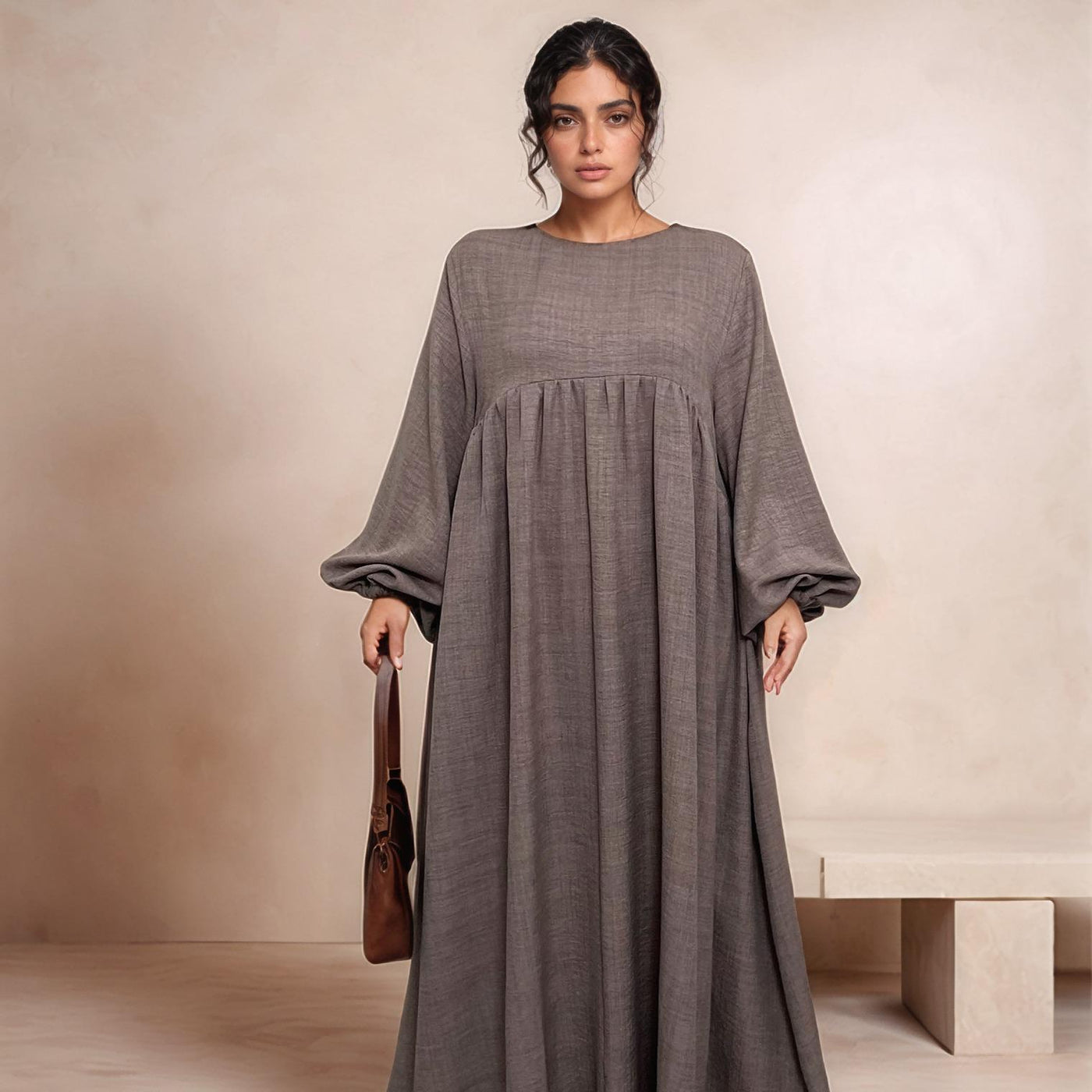 LM020 Nursing-Friendly Abaya – Round-Neck Zip Pocket, Plus-Size Maxi Prayer/Umrah Dress