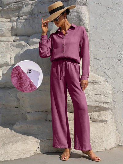 LM131 Women’s Solid Button Front Shirt& Tie Front Wide Leg Pants With Pocket Tow-piece Set