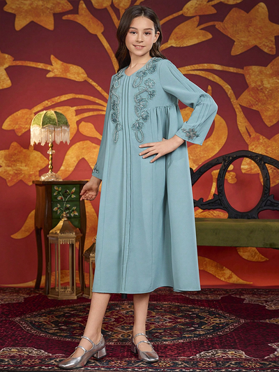 LM219 Girls Eid Dress – Embellished V-Neck, Long Sleeve Modest Party Gown (8–12Y)