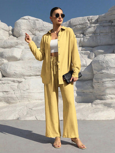 LM131 Women’s Solid Button Front Shirt& Tie Front Wide Leg Pants With Pocket Tow-piece Set