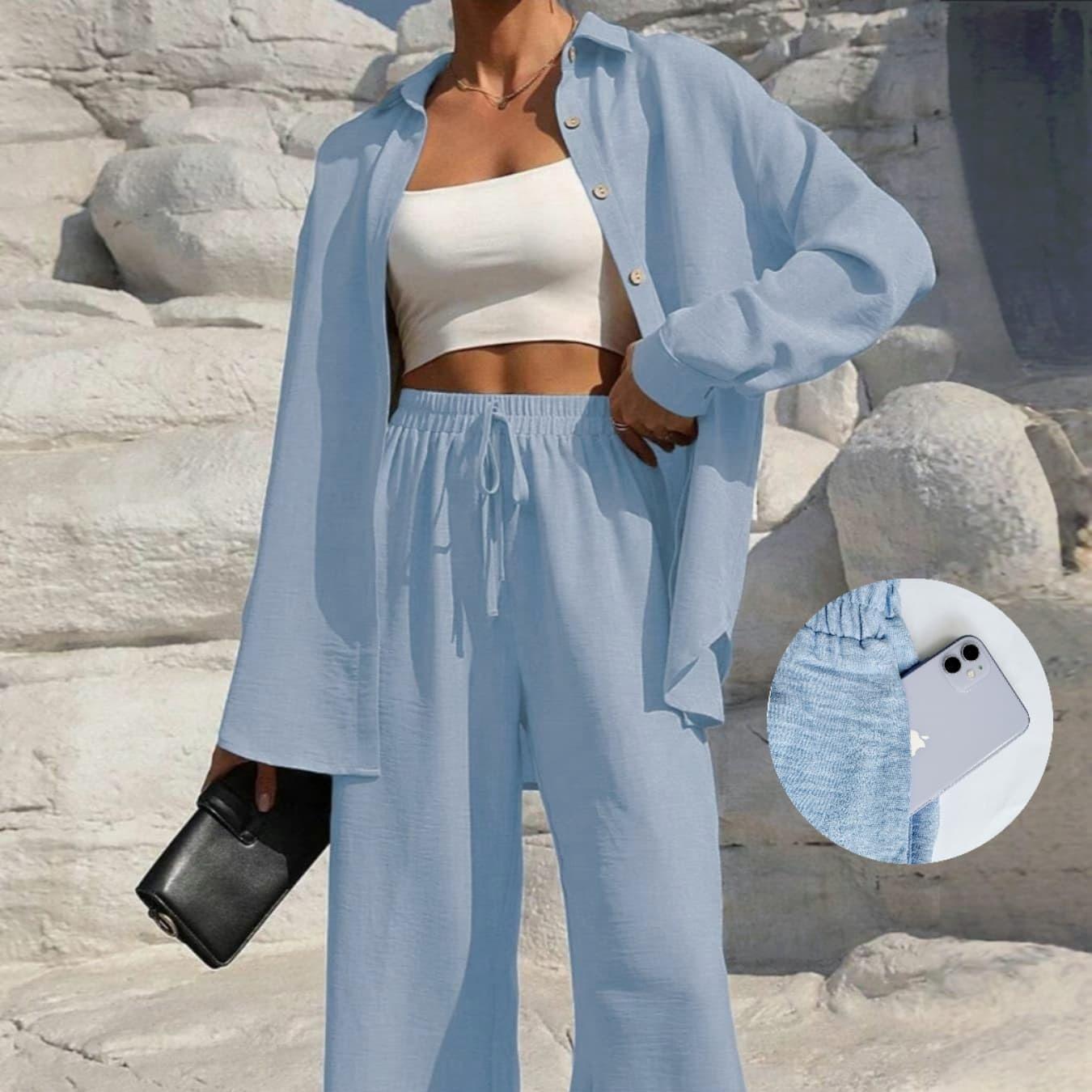 LM131 Women’s Solid Button Front Shirt& Tie Front Wide Leg Pants With Pocket Tow-piece Set