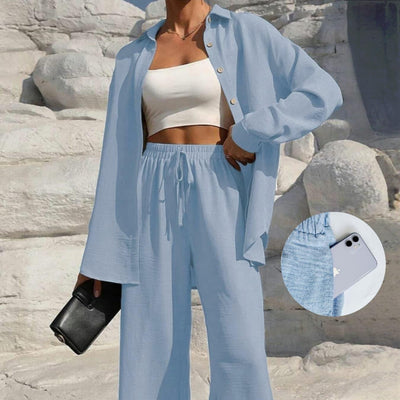 LM131 Women’s Solid Button Front Shirt& Tie Front Wide Leg Pants With Pocket Tow-piece Set