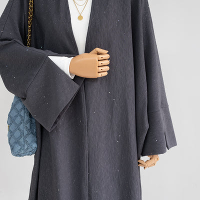 LM223 Crinkle Open Abaya – Textured Maxi Duster with Wide Sleeves, Winter Layering, Tall 60-Inch Length Option (S–XXL)