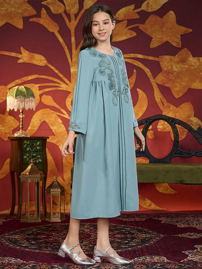 LM219 Girls Eid Dress – Embellished V-Neck, Long Sleeve Modest Party Gown (8–12Y)