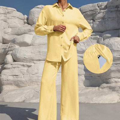 LM131 Women’s Solid Button Front Shirt& Tie Front Wide Leg Pants With Pocket Tow-piece Set