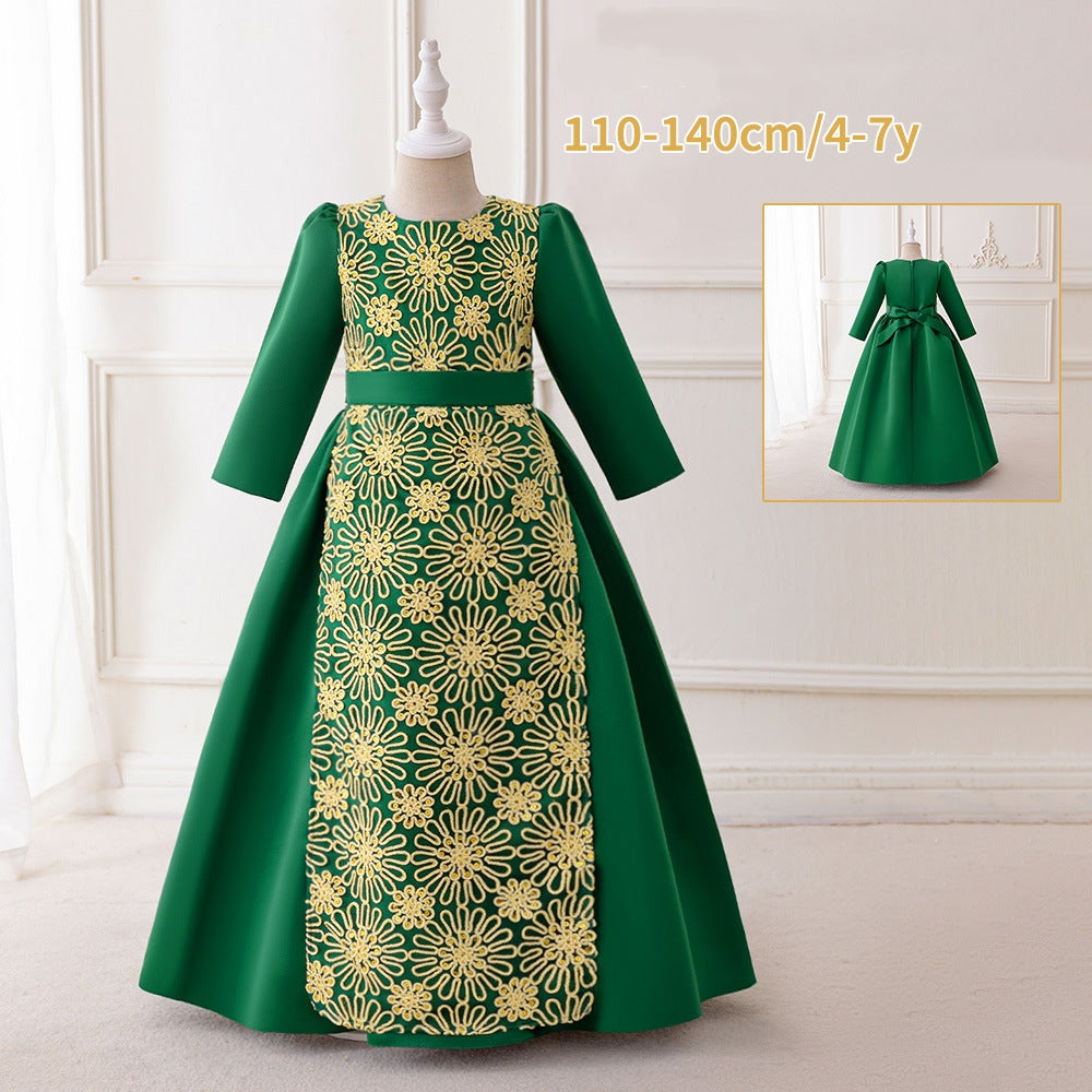 LM205 Girls Eid Dress – Long Sleeve Modest Muslim Party Gown, Embroidered, Full Length (4–7Y)