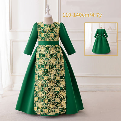 LM205 Girls Eid Dress – Long Sleeve Modest Muslim Party Gown, Embroidered, Full Length (4–7Y)