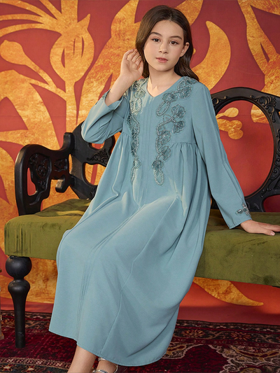 LM219 Girls Eid Dress – Embellished V-Neck, Long Sleeve Modest Party Gown (8–12Y)