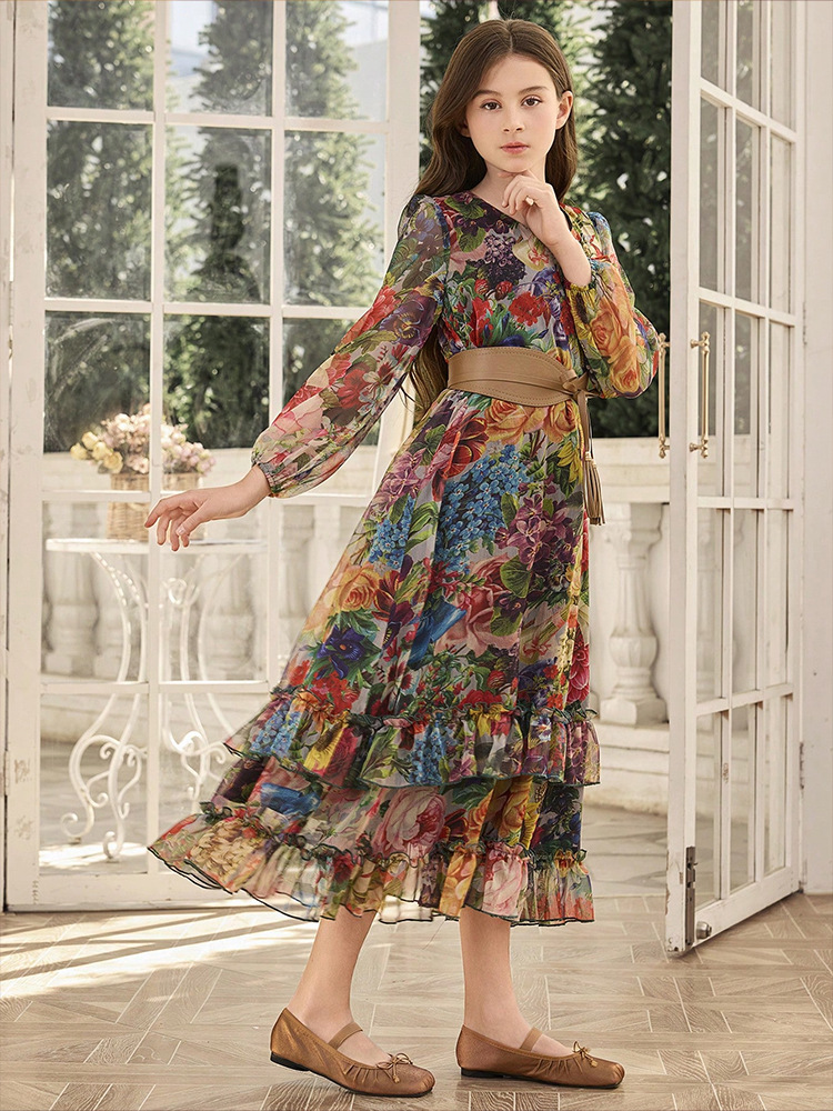 girls floral long sleeve dress LM346 Girls Floral Chiffon Maxi Dress