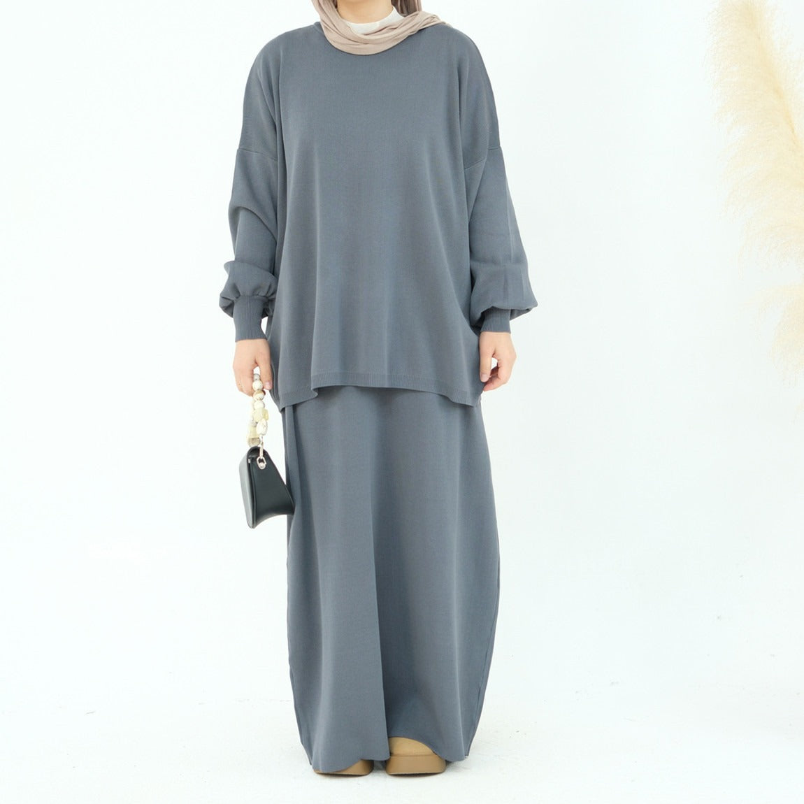 LM224 Winter Knit Modest Set – 2-Piece Co-ord (Long-Sleeve Top + Maxi Knit Skirt) | Hijab-Friendly, Opaque & Warm