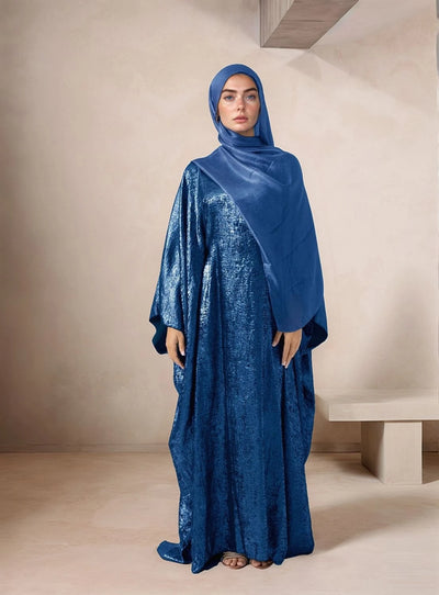 LM080 Eid & Iftar Luxe Metallic Satin Abaya Set with Butterfly Accents, Inner Belt & Hijab