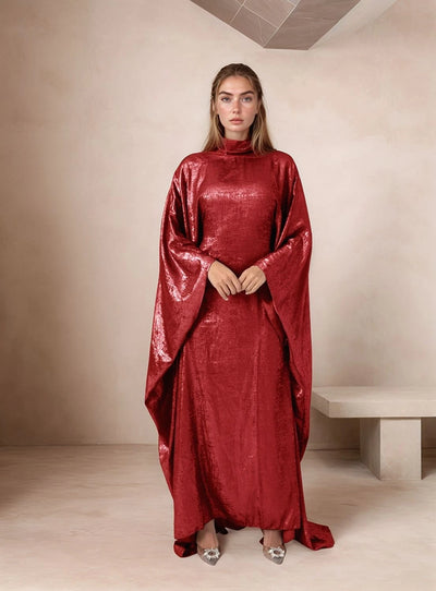 LM080 Eid & Iftar Luxe Metallic Satin Abaya Set with Butterfly Accents, Inner Belt & Hijab