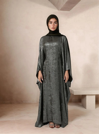 LM080 Eid & Iftar Luxe Metallic Satin Abaya Set with Butterfly Accents, Inner Belt & Hijab