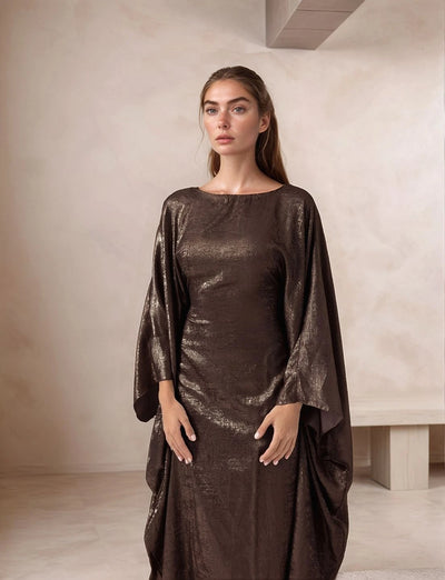 LM080 Eid & Iftar Luxe Metallic Satin Abaya Set with Butterfly Accents, Inner Belt & Hijab