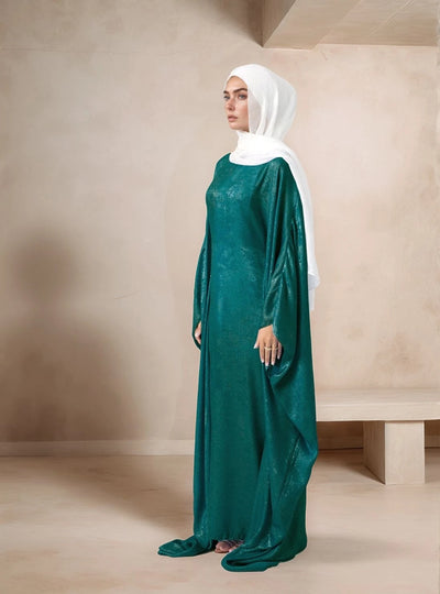 LM080 Eid & Iftar Luxe Metallic Satin Abaya Set with Butterfly Accents, Inner Belt & Hijab
