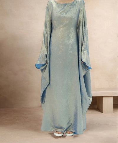 LM080 Eid & Iftar Luxe Metallic Satin Abaya Set with Butterfly Accents, Inner Belt & Hijab