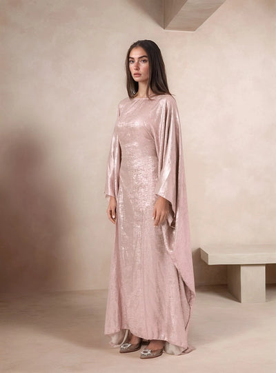 LM080 Eid & Iftar Luxe Metallic Satin Abaya Set with Butterfly Accents, Inner Belt & Hijab
