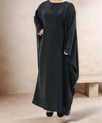LM080 Eid & Iftar Luxe Metallic Satin Abaya Set with Butterfly Accents, Inner Belt & Hijab