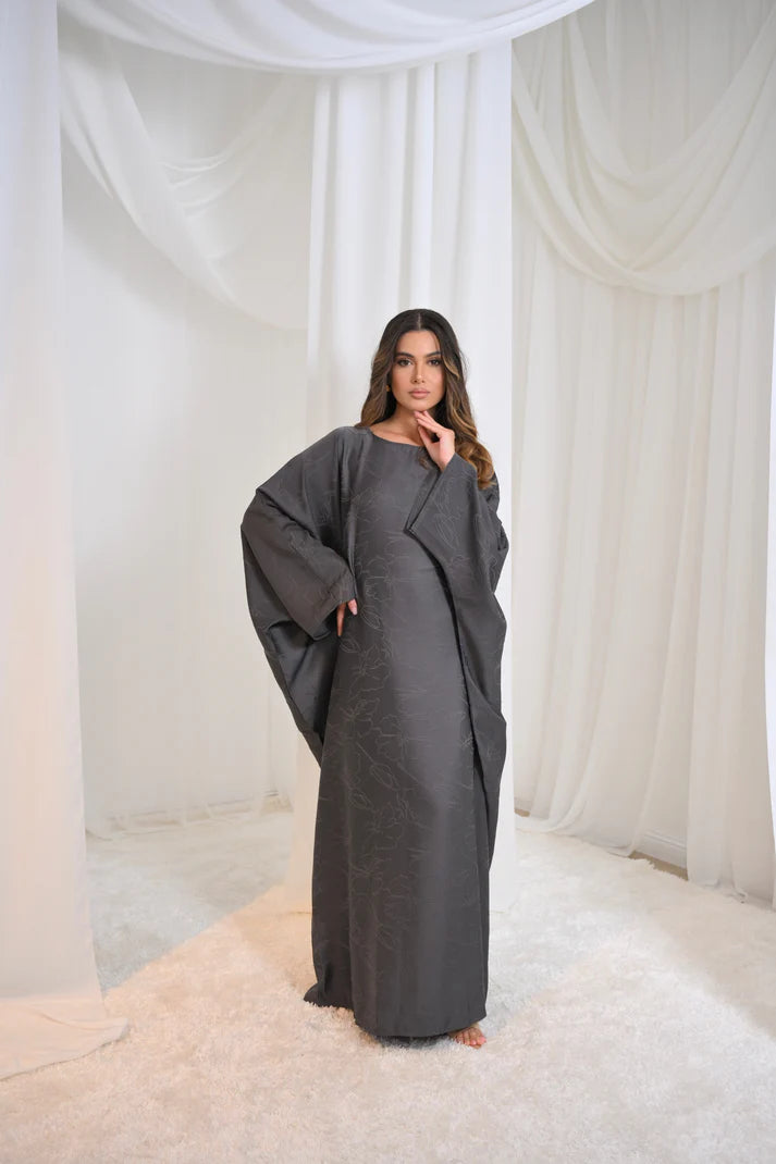 LM090 Luxe Jacquard Floral Butterfly Abaya Batwing with Matching Hijab Set