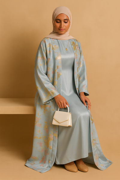 LM178 Sakura Pink Kimono Abaya Dress – Embroidered Modest Wear for Eid & Weddings