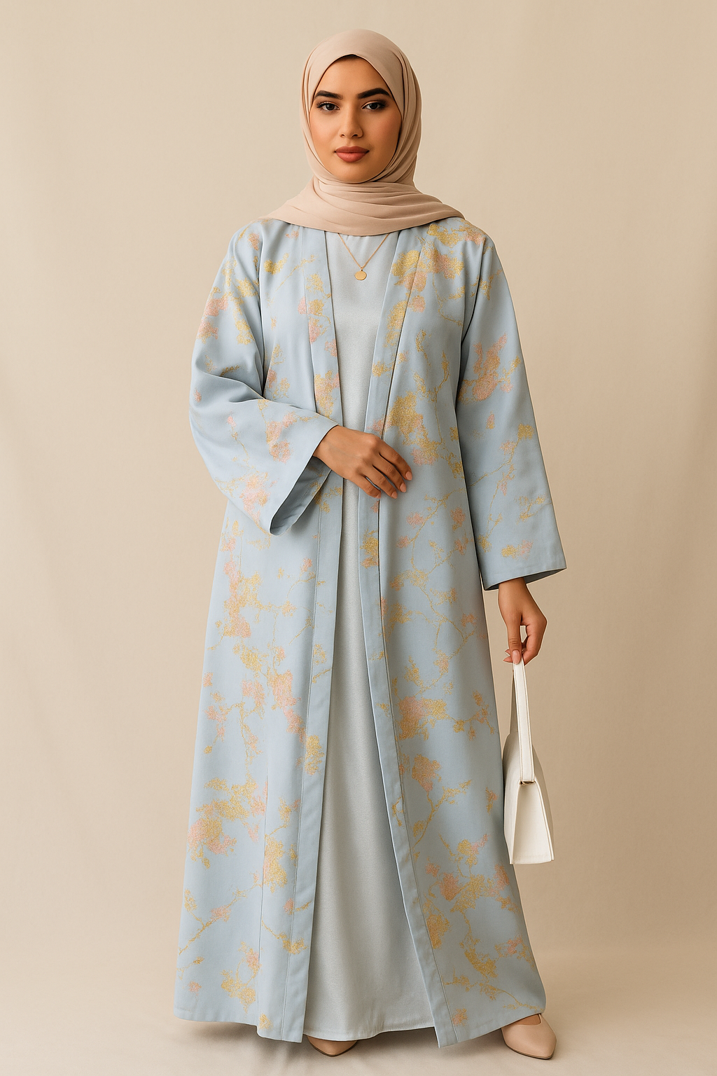 LM178 Sakura Pink Kimono Abaya Dress – Embroidered Modest Wear for Eid & Weddings