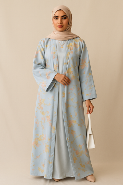 LM178 Sakura Pink Kimono Abaya Dress – Embroidered Modest Wear for Eid & Weddings