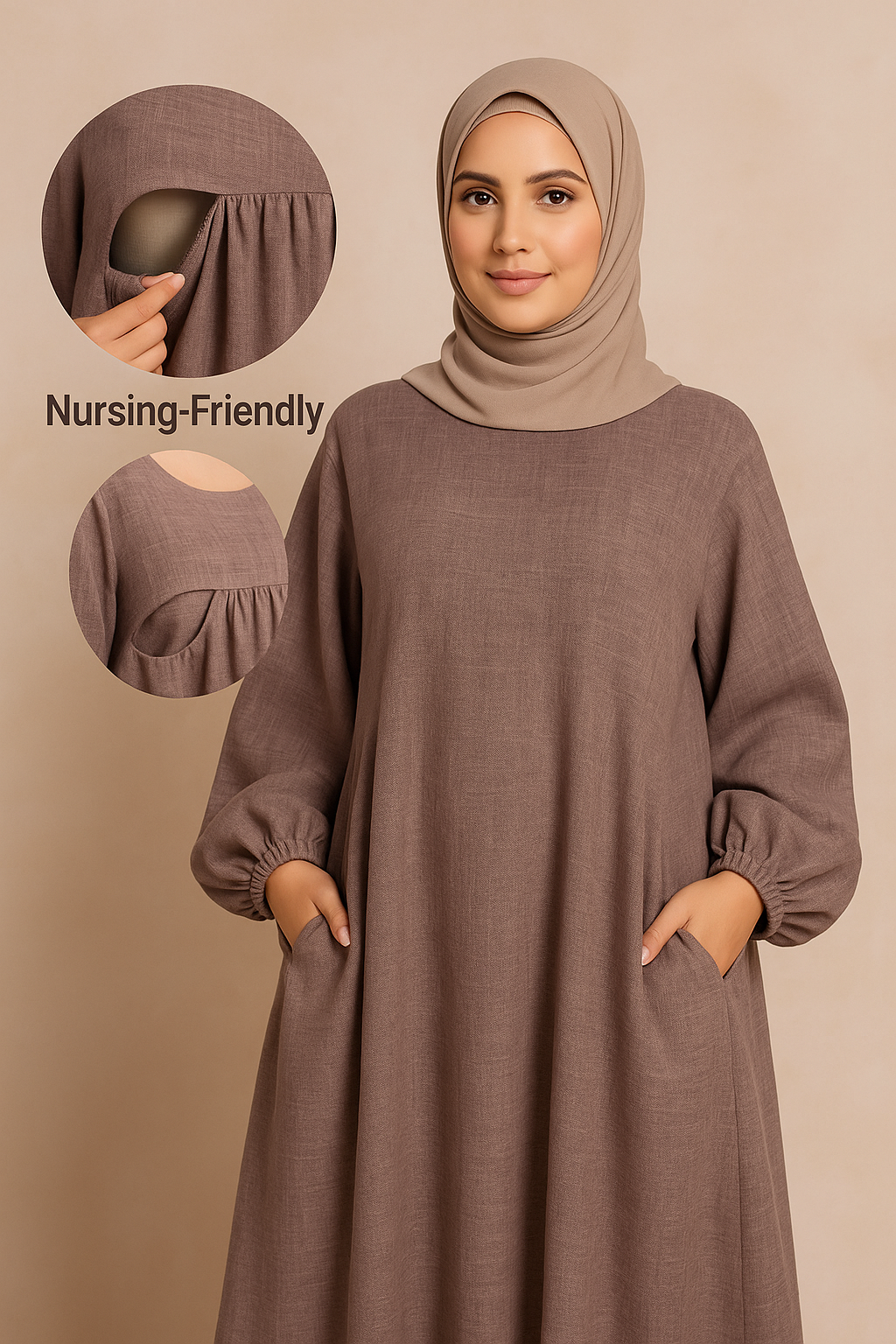 LM020 Nursing-Friendly Abaya – Round-Neck Zip Pocket, Plus-Size Maxi Prayer/Umrah Dress