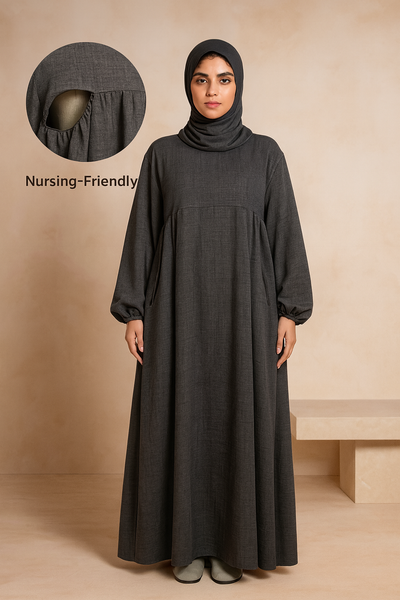 LM020 Nursing-Friendly Abaya – Round-Neck Zip Pocket, Plus-Size Maxi Prayer/Umrah Dress