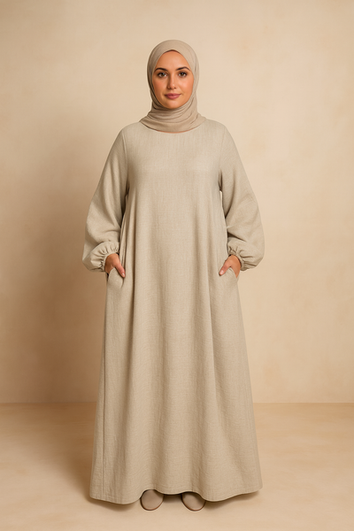 LM020 Nursing-Friendly Abaya – Round-Neck Zip Pocket, Plus-Size Maxi Prayer/Umrah Dress
