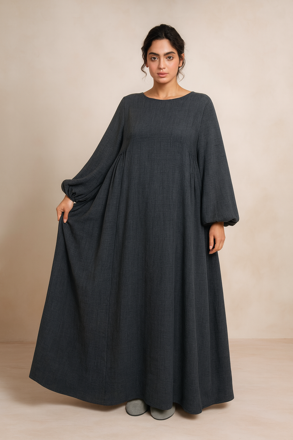 LM020 Nursing-Friendly Abaya – Round-Neck Zip Pocket, Plus-Size Maxi Prayer/Umrah Dress