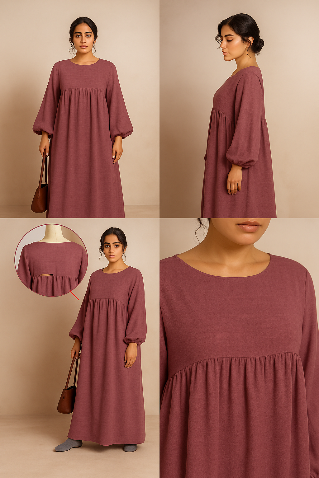 LM020 Nursing-Friendly Abaya – Round-Neck Zip Pocket, Plus-Size Maxi Prayer/Umrah Dress