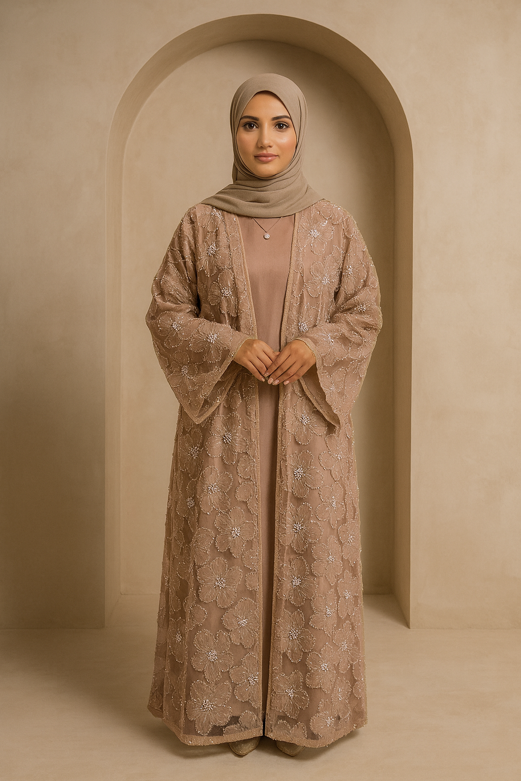LM126 Elegant 3-Piece Pearl Beaded Abaya Set – Floral Kimono, Inner Dress & Matching Scarf