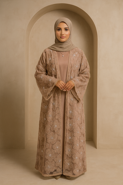 LM126 Elegant 3-Piece Pearl Beaded Abaya Set – Floral Kimono, Inner Dress & Matching Scarf