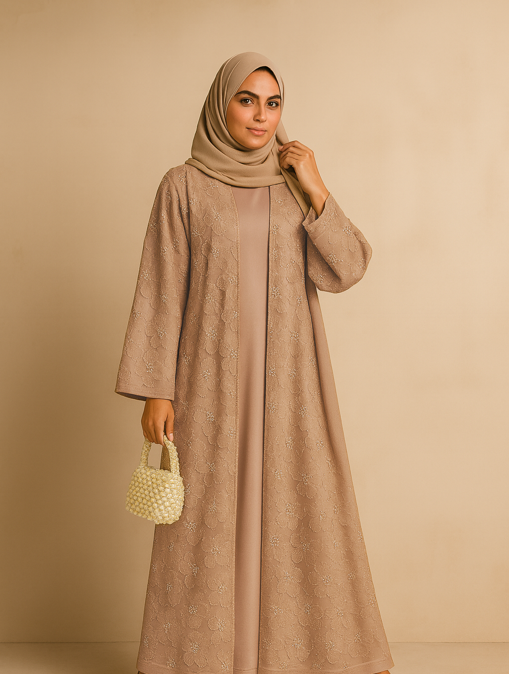 LM126 Elegant 3-Piece Pearl Beaded Abaya Set – Floral Kimono, Inner Dress & Matching Scarf