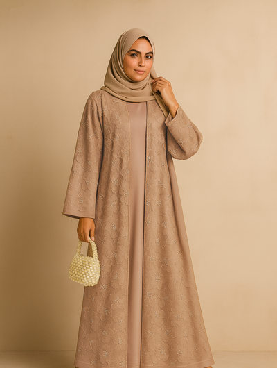 LM126 Elegant 3-Piece Pearl Beaded Abaya Set – Floral Kimono, Inner Dress & Matching Scarf
