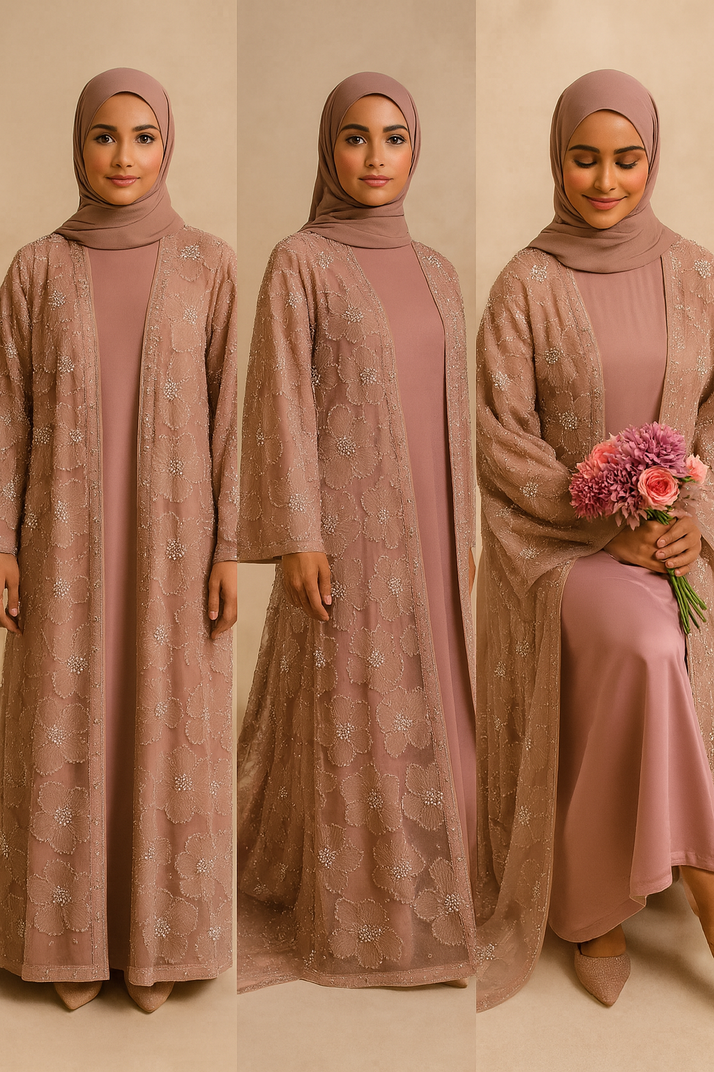 LM126 Elegant 3-Piece Pearl Beaded Abaya Set – Floral Kimono, Inner Dress & Matching Scarf