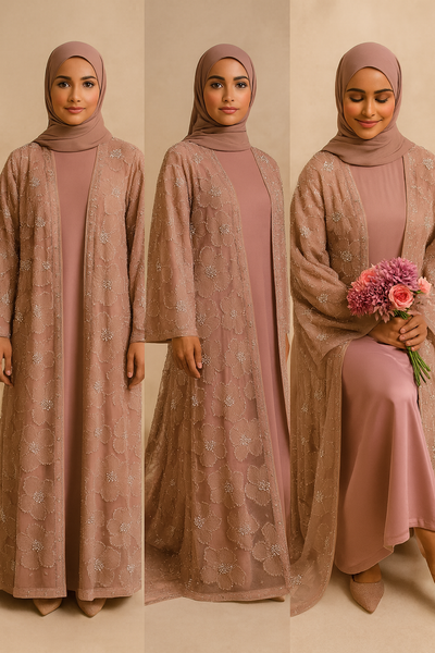 LM126 Elegant 3-Piece Pearl Beaded Abaya Set – Floral Kimono, Inner Dress & Matching Scarf