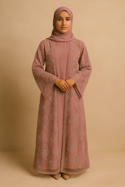 LM126 Elegant 3-Piece Pearl Beaded Abaya Set – Floral Kimono, Inner Dress & Matching Scarf