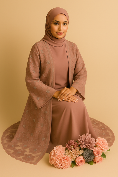 LM126 Elegant 3-Piece Pearl Beaded Abaya Set – Floral Kimono, Inner Dress & Matching Scarf