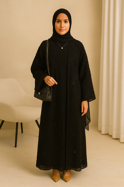 LM126 Elegant 3-Piece Pearl Beaded Abaya Set – Floral Kimono, Inner Dress & Matching Scarf