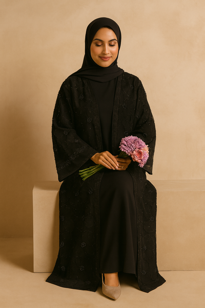 LM126 Elegant 3-Piece Pearl Beaded Abaya Set – Floral Kimono, Inner Dress & Matching Scarf