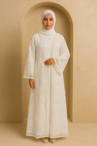 LM126 Elegant 3-Piece Pearl Beaded Abaya Set – Floral Kimono, Inner Dress & Matching Scarf