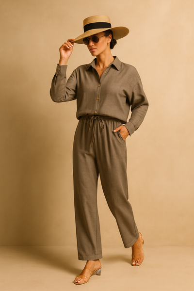 LM131 Women’s Solid Button Front Shirt& Tie Front Wide Leg Pants With Pocket Tow-piece Set