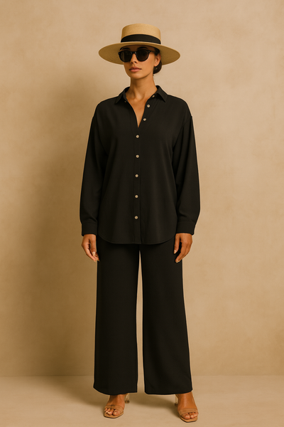 LM131 Women’s Solid Button Front Shirt& Tie Front Wide Leg Pants With Pocket Tow-piece Set