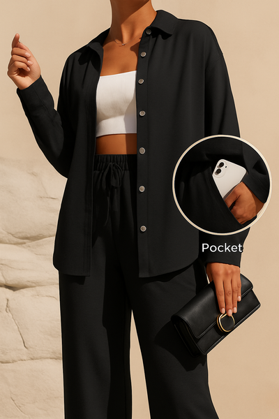 LM131 Women’s Solid Button Front Shirt& Tie Front Wide Leg Pants With Pocket Tow-piece Set