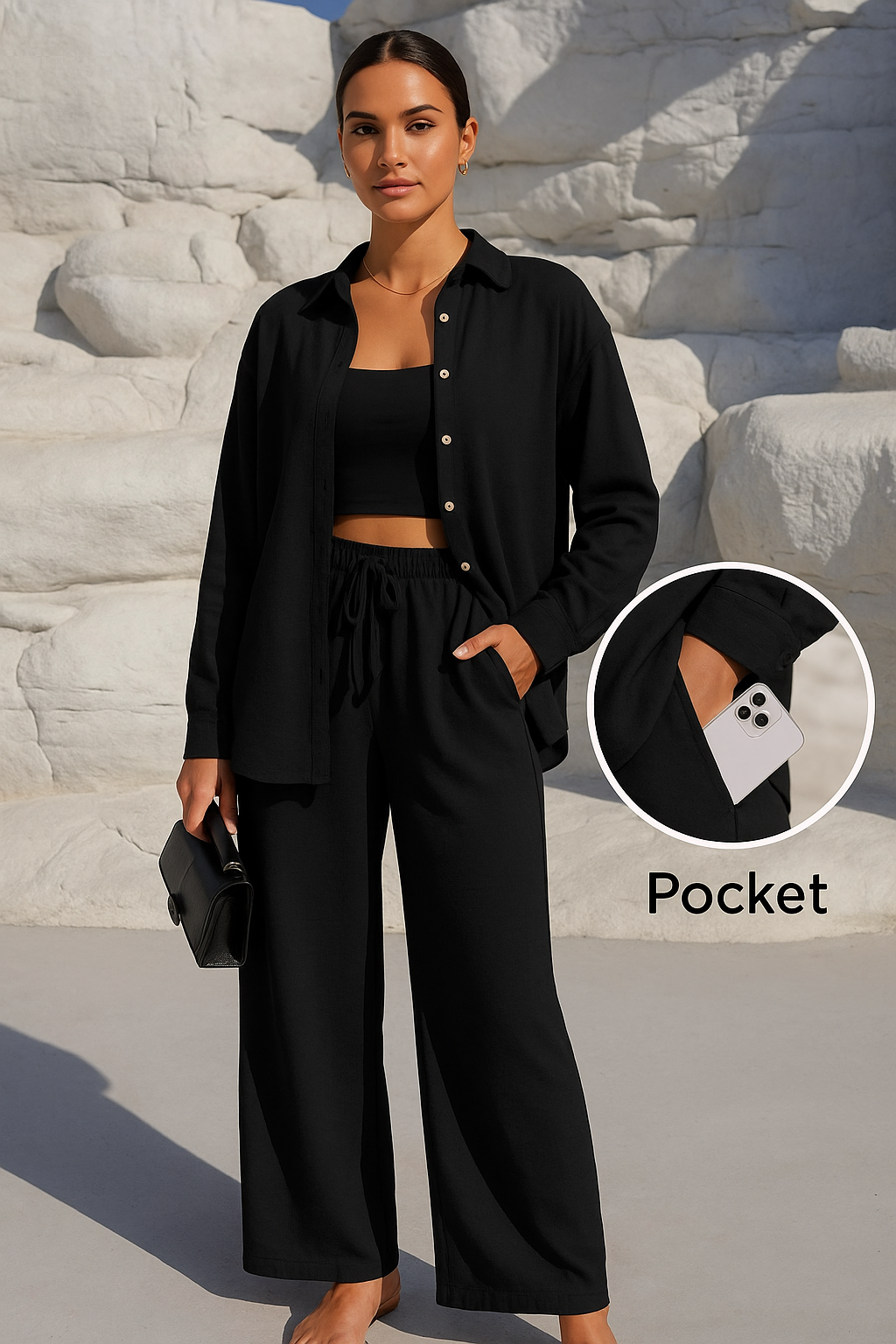 LM131 Women’s Solid Button Front Shirt& Tie Front Wide Leg Pants With Pocket Tow-piece Set