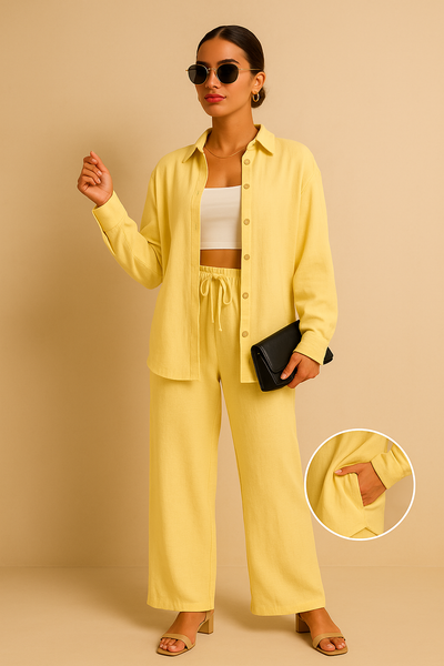 LM131 Women’s Solid Button Front Shirt& Tie Front Wide Leg Pants With Pocket Tow-piece Set