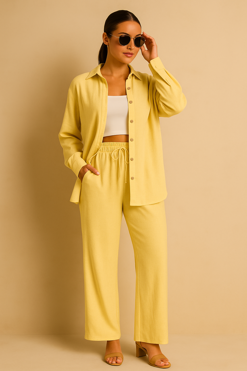 LM131 Women’s Solid Button Front Shirt& Tie Front Wide Leg Pants With Pocket Tow-piece Set
