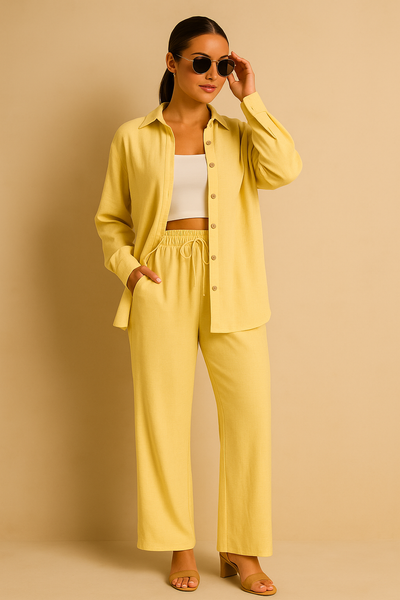 LM131 Women’s Solid Button Front Shirt& Tie Front Wide Leg Pants With Pocket Tow-piece Set